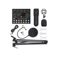 V10 Bm-800 Podcast Condenser Microphone Set With Live Sound Card, Rechargeable 12 Kinds Of Auxiliary Background For Karaoke Singing, Youtube Recording Mic